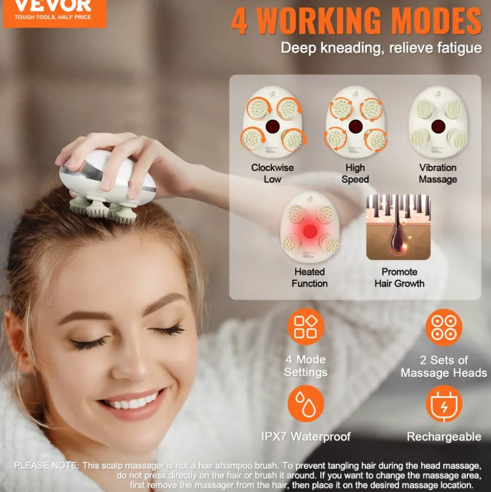 VEVOR Electric Scalp Massager with Heat, Rechargeable Heated Head Massager, IPX7 Waterproof | Portable Kneading Scalp Scratcher with 8 Removable Massage Head for Hair Growth, Deep Clean, Stress Relax