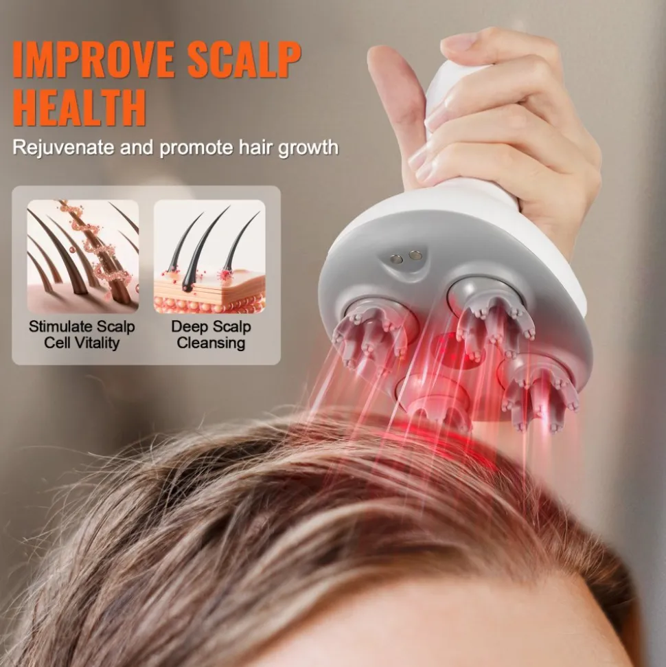 VEVOR Electric Scalp Massager, Rechargeable Head Massager Hair Growth, IPX7 Waterproof | Portable Kneading Scalp Scratcher with 8 Removable Massage Head for Stress Relief, Deep Clean, Gift for Mom/Dad
