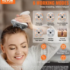VEVOR Electric Scalp Massager, Rechargeable Head Massager Hair Growth, IPX7 Waterproof | Portable Kneading Scalp Scratcher with 8 Removable Massage Head for Stress Relief, Deep Clean, Gift for Mom/Dad