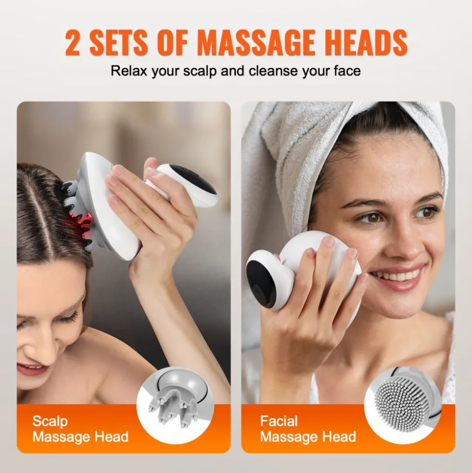 VEVOR Electric Scalp Massager, Rechargeable Head Massager Hair Growth, IPX7 Waterproof | Portable Kneading Scalp Scratcher with 8 Removable Massage Head for Stress Relief, Deep Clean, Gift for Mom/Dad
