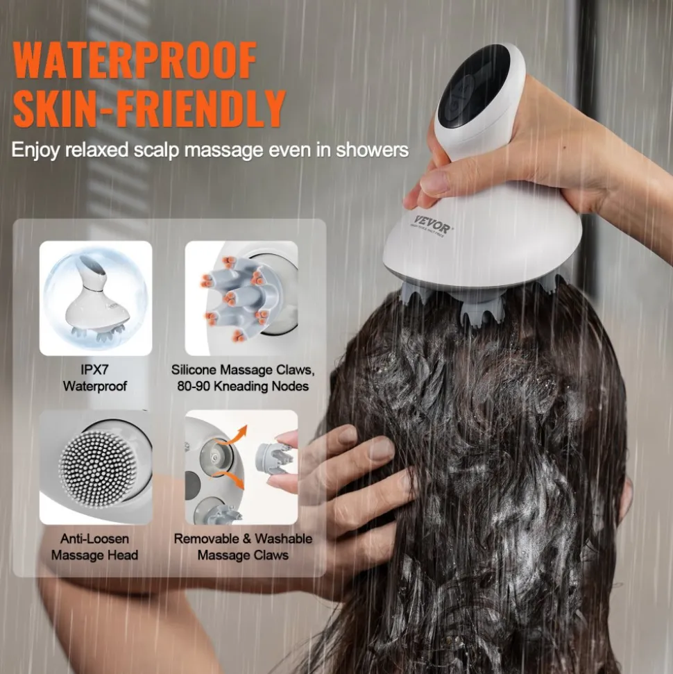 VEVOR Electric Scalp Massager, Rechargeable Head Massager Hair Growth, IPX7 Waterproof | Portable Kneading Scalp Scratcher with 8 Removable Massage Head for Stress Relief, Deep Clean, Gift for Mom/Dad