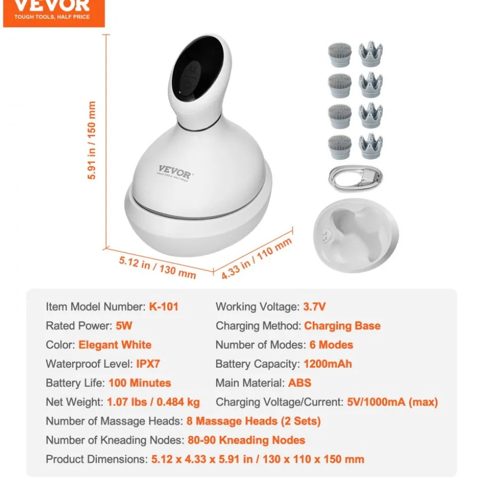 VEVOR Electric Scalp Massager, Rechargeable Head Massager Hair Growth, IPX7 Waterproof | Portable Kneading Scalp Scratcher with 8 Removable Massage Head for Stress Relief, Deep Clean, Gift for Mom/Dad