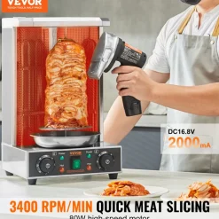 VEVOR Electric Shawarma Knife, 80W Cordless Battery Professional Turkish Knife, Commercial Stainless Steel Gyro Cutter, Doner Kebab Meat Slicer with 2 Blades, Φ4"/100mm, 0-8mm Adjustable Thickness