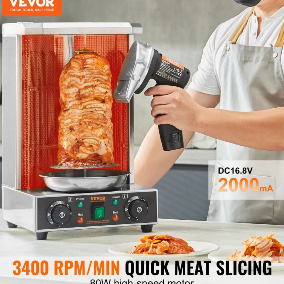 VEVOR Electric Shawarma Knife, 80W Cordless Battery Professional Turkish Knife, Commercial Stainless Steel Gyro Cutter, Doner Kebab Meat Slicer with 2 Blades, Φ4"/100mm, 0-8mm Adjustable Thickness