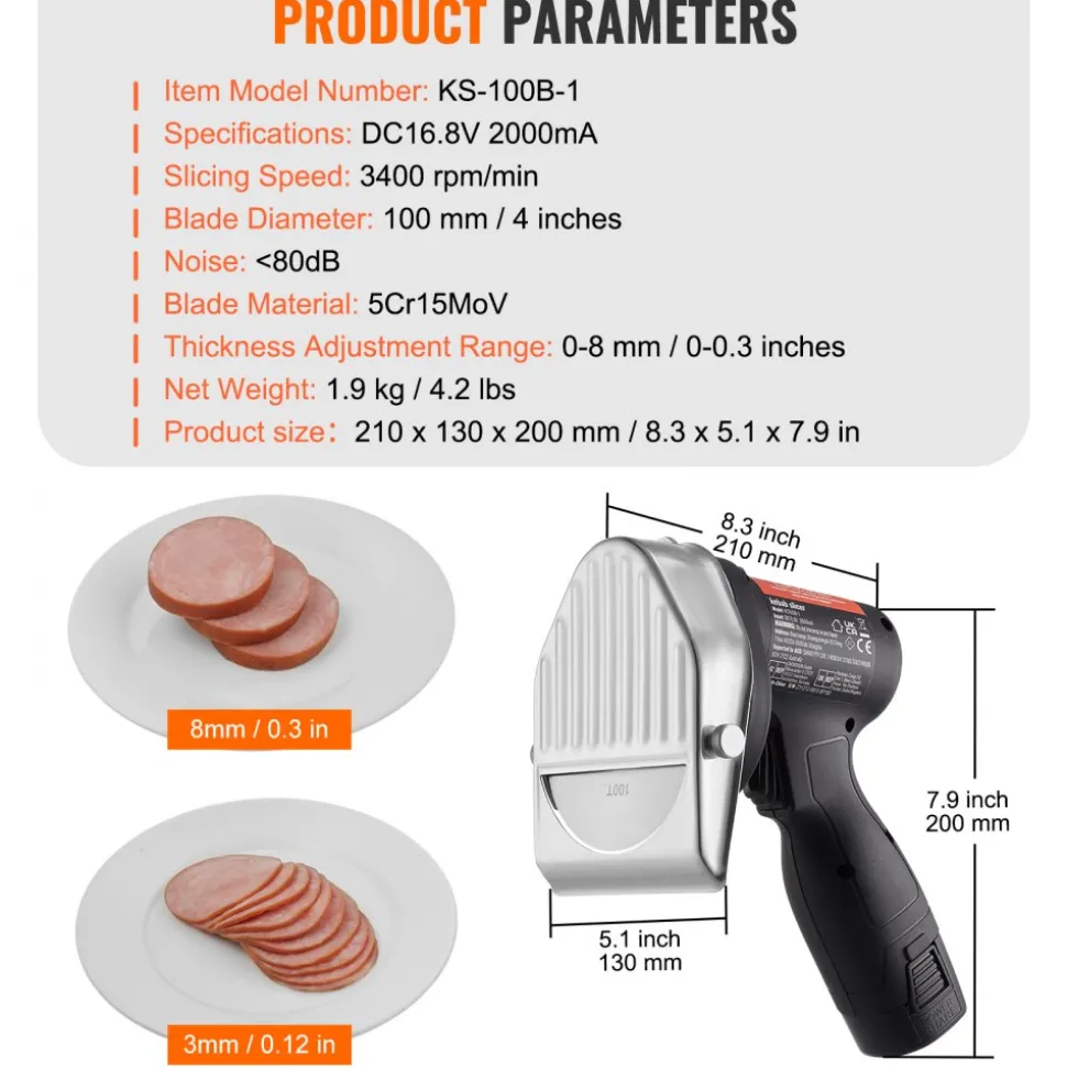 VEVOR Electric Shawarma Knife, 80W Cordless Battery Professional Turkish Knife, Commercial Stainless Steel Gyro Cutter, Doner Kebab Meat Slicer with 2 Blades, Φ4"/100mm, 0-8mm Adjustable Thickness