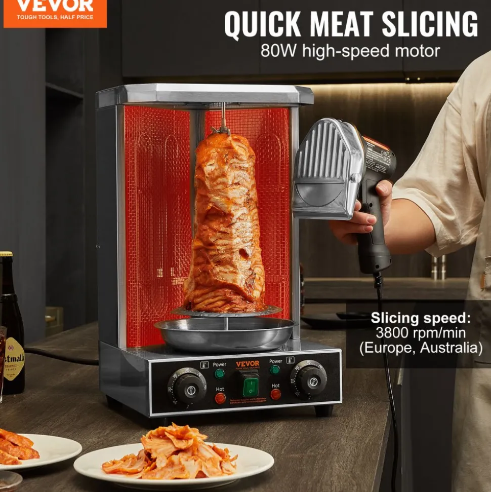 VEVOR Electric Shawarma Knife, 80W Professional Turkish Kebab Knife, Commercial Stainless Steel Gyro Cutter, Doner Kebab Meat Slicer with 2 Blades, Φ4"/100mm Blade Diameter, 0-8mm Adjustable Thickness