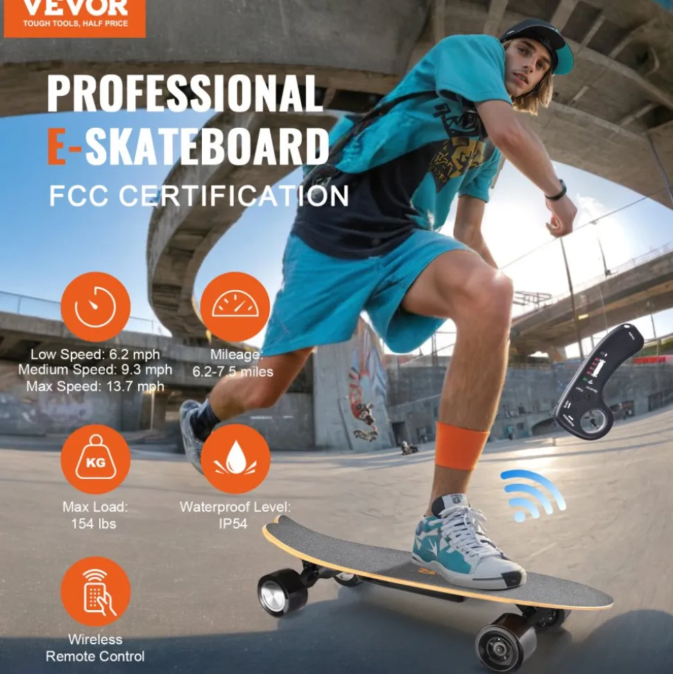 VEVOR Electric Skateboard with Remote, 13.7 Mph Top Speed & 7.5 Miles Max Range Skateboard Longboard, 3 Speeds Adjustment Skateboards, Easy Carry Handle Design, Suitable for Adults & Teens Beginners