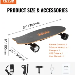 VEVOR Electric Skateboard with Remote, 13.7 Mph Top Speed & 7.5 Miles Max Range Skateboard Longboard, 3 Speeds Adjustment Skateboards, Easy Carry Handle Design, Suitable for Adults & Teens Beginners