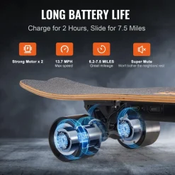 VEVOR Electric Skateboard with Remote, 13.7 Mph Top Speed & 7.5 Miles Max Range Skateboard Longboard, 3 Speeds Adjustment Skateboards, Easy Carry Handle Design, Suitable for Adults & Teens Beginners