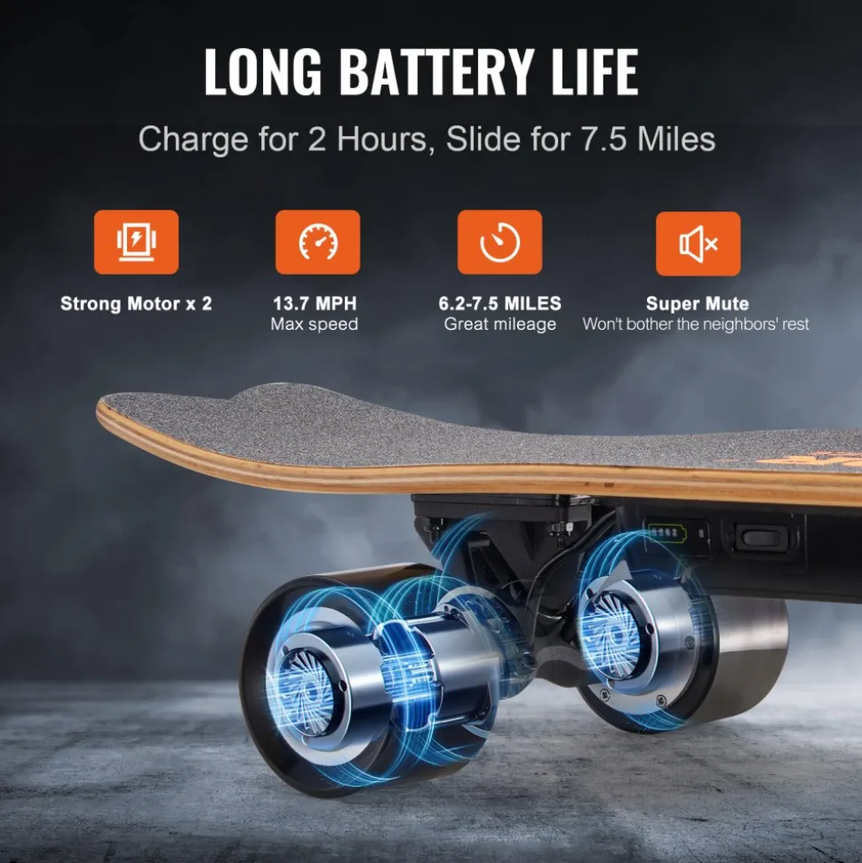 VEVOR Electric Skateboard with Remote, 13.7 Mph Top Speed & 7.5 Miles Max Range Skateboard Longboard, 3 Speeds Adjustment Skateboards, Easy Carry Handle Design, Suitable for Adults & Teens Beginners