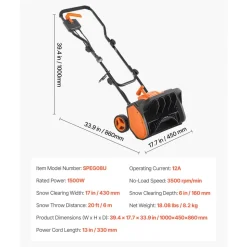 VEVOR Electric Snow Shovel, 12A 17 inch Corded Snow Shovel, 60° Adjustable Chute, 20 ft Throwing Distance, Snowthrower with Dual Safety Switch, Winter Ice Removal Tool for Driveway Sidewalk Patio