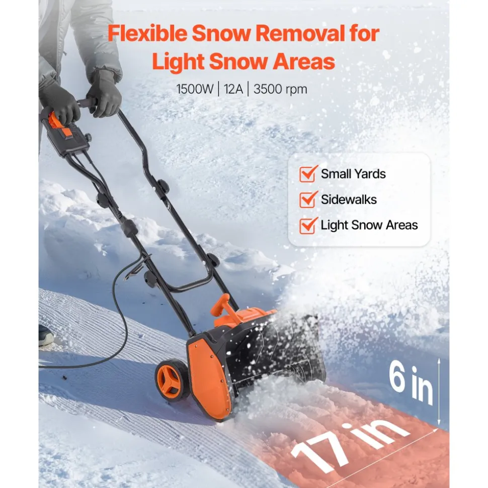 VEVOR Electric Snow Shovel, 12A 17 inch Corded Snow Shovel, 60° Adjustable Chute, 20 ft Throwing Distance, Snowthrower with Dual Safety Switch, Winter Ice Removal Tool for Driveway Sidewalk Patio