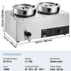 VEVOR Electric Soup Warmer, Dual 7.4QT Stainless Steel Round Pot, 1200W Commercial Food Warmer, 86~185°F Adjustable Temp, Bain Marie with Anti-Dry Burn and Reset Button, for Restaurant, Buffet