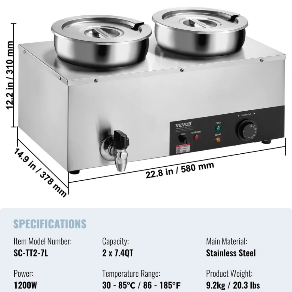 VEVOR Electric Soup Warmer, Dual 7.4QT Stainless Steel Round Pot, 1200W Commercial Food Warmer, 86~185°F Adjustable Temp, Bain Marie with Anti-Dry Burn and Reset Button, for Restaurant, Buffet