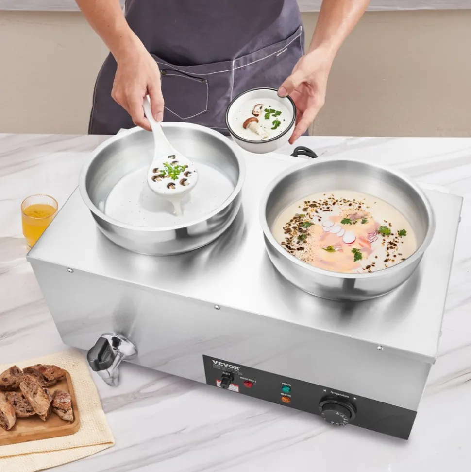 VEVOR Electric Soup Warmer, Dual 7.4QT Stainless Steel Round Pot, 1200W Commercial Food Warmer, 86~185°F Adjustable Temp, Bain Marie with Anti-Dry Burn and Reset Button, for Restaurant, Buffet