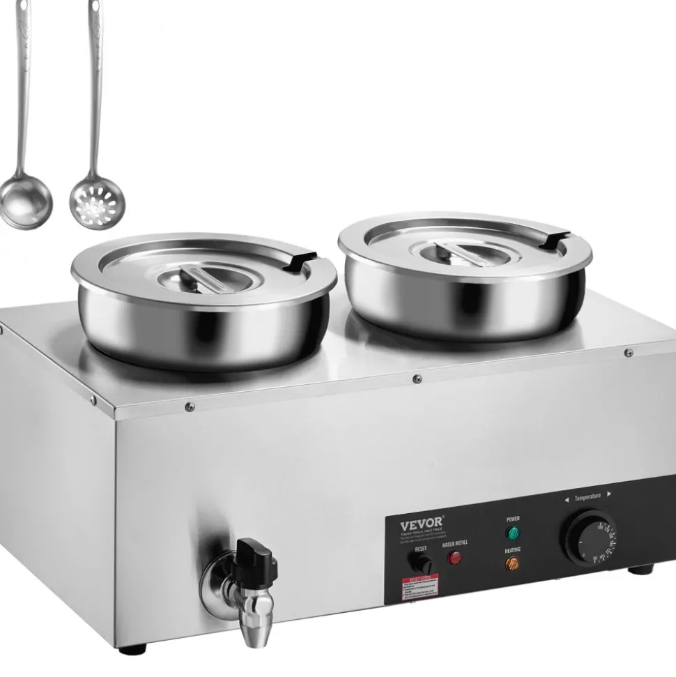 VEVOR Electric Soup Warmer, Dual 7.4QT Stainless Steel Round Pot, 1200W Commercial Food Warmer, 86~185°F Adjustable Temp, Bain Marie with Anti-Dry Burn and Reset Button, for Restaurant, Buffet