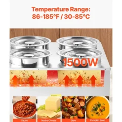 VEVOR Electric Soup Warmer, Four 6.34QT Stainless Steel Round Pot with 86~185°F Adjustable Temp, 1500W Commercial Bain Marie with Anti-dry Burn and Reset Button, Soup Station for Restaurant, Buffet