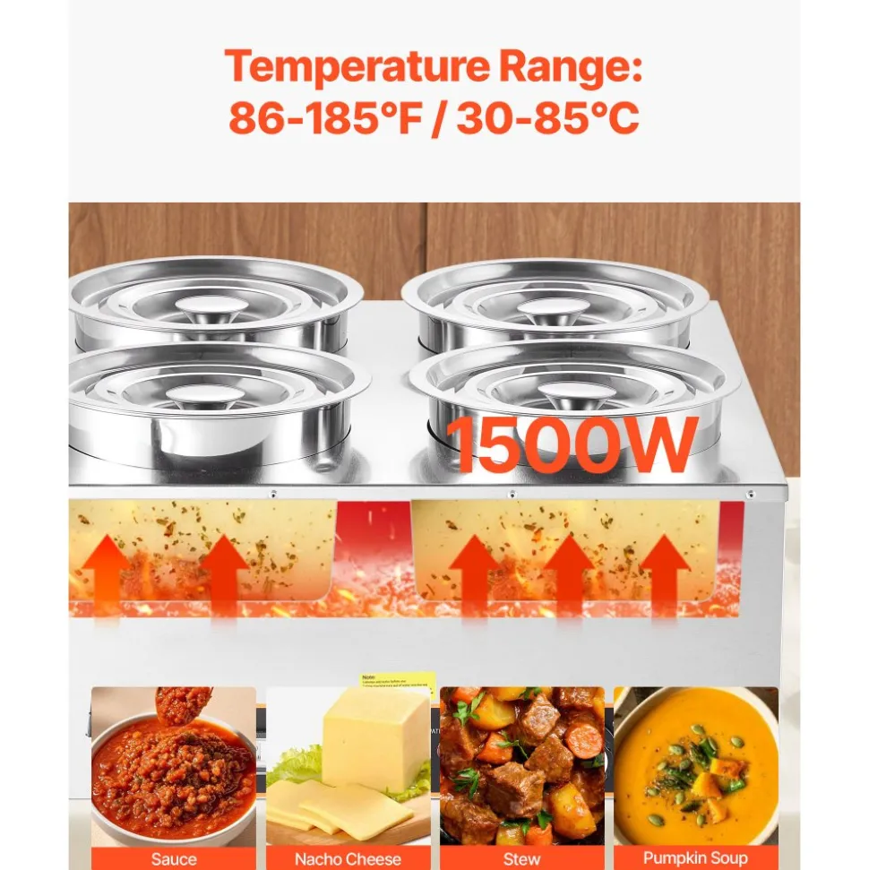 VEVOR Electric Soup Warmer, Four 6.34QT Stainless Steel Round Pot with 86~185°F Adjustable Temp, 1500W Commercial Bain Marie with Anti-dry Burn and Reset Button, Soup Station for Restaurant, Buffet