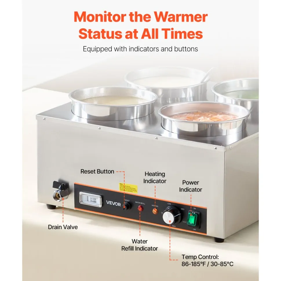VEVOR Electric Soup Warmer, Four 6.34QT Stainless Steel Round Pot with 86~185°F Adjustable Temp, 1500W Commercial Bain Marie with Anti-dry Burn and Reset Button, Soup Station for Restaurant, Buffet
