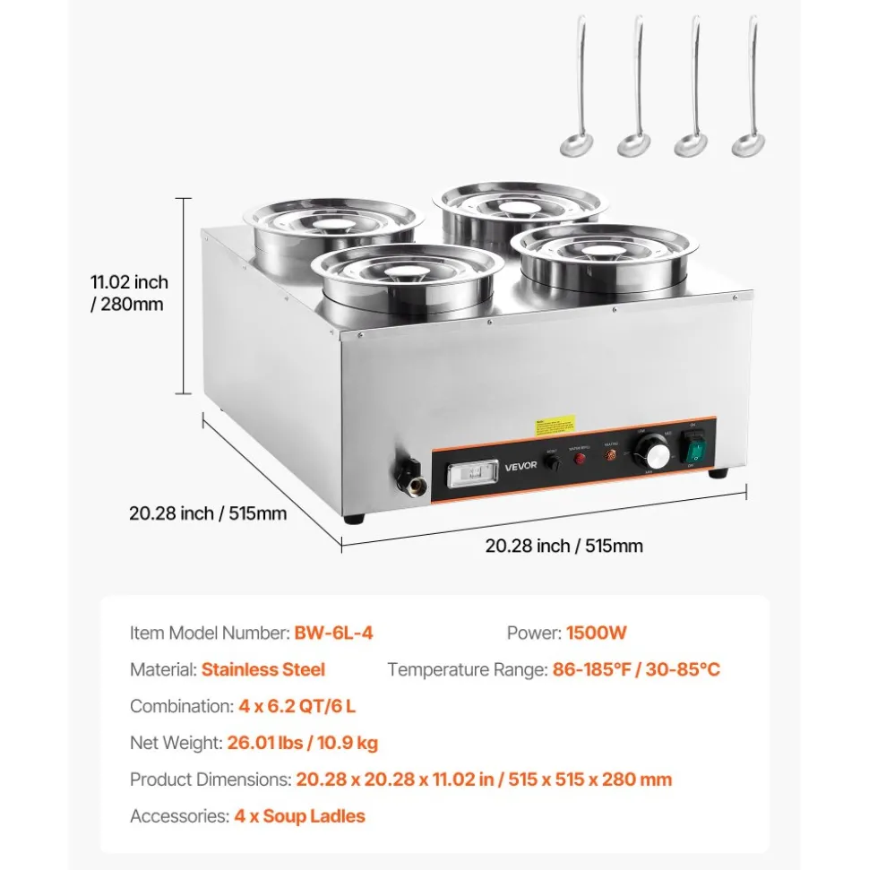 VEVOR Electric Soup Warmer, Four 6.34QT Stainless Steel Round Pot with 86~185°F Adjustable Temp, 1500W Commercial Bain Marie with Anti-dry Burn and Reset Button, Soup Station for Restaurant, Buffet