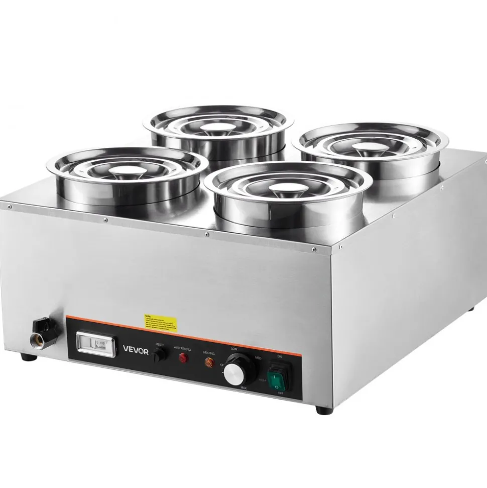 VEVOR Electric Soup Warmer, Four 6.34QT Stainless Steel Round Pot with 86~185°F Adjustable Temp, 1500W Commercial Bain Marie with Anti-dry Burn and Reset Button, Soup Station for Restaurant, Buffet