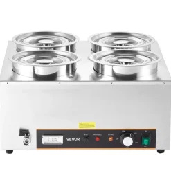 VEVOR Electric Soup Warmer, Four 6.34QT Stainless Steel Round Pot with 86~185°F Adjustable Temp, 1500W Commercial Bain Marie with Anti-dry Burn and Reset Button, Soup Station for Restaurant, Buffet