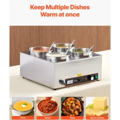 VEVOR Electric Soup Warmer, Four 6.34QT Stainless Steel Round Pot with 86~185°F Adjustable Temp, 1500W Commercial Bain Marie with Anti-dry Burn and Reset Button, Soup Station for Restaurant, Buffet