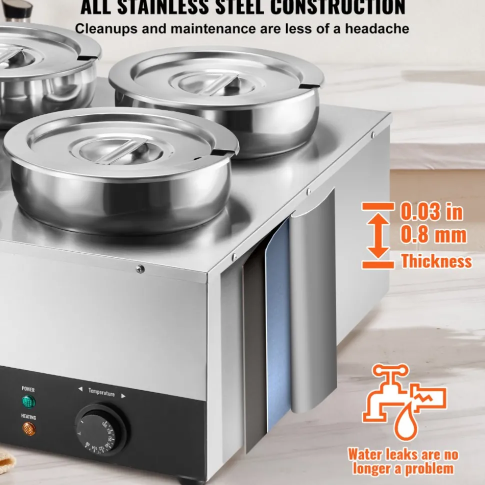 VEVOR Electric Soup Warmer, Four 7.4QT Stainless Steel Round Pot, 1500W Commercial Food Warmer, 86~185°F Adjustable Temp, Bain Marie with Anti-Dry Burn and Reset Button, for Restaurant, Buffet
