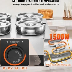 VEVOR Electric Soup Warmer, Four 7.4QT Stainless Steel Round Pot, 1500W Commercial Food Warmer, 86~185°F Adjustable Temp, Bain Marie with Anti-Dry Burn and Reset Button, for Restaurant, Buffet