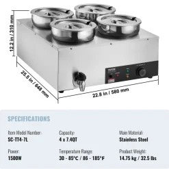 VEVOR Electric Soup Warmer, Four 7.4QT Stainless Steel Round Pot, 1500W Commercial Food Warmer, 86~185°F Adjustable Temp, Bain Marie with Anti-Dry Burn and Reset Button, for Restaurant, Buffet