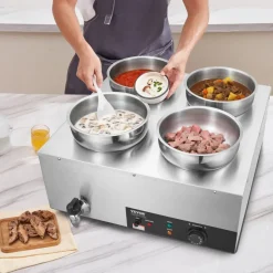 VEVOR Electric Soup Warmer, Four 7.4QT Stainless Steel Round Pot, 1500W Commercial Food Warmer, 86~185°F Adjustable Temp, Bain Marie with Anti-Dry Burn and Reset Button, for Restaurant, Buffet