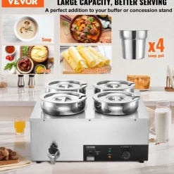 VEVOR Electric Soup Warmer, Four 7.4QT Stainless Steel Round Pot, 1500W Commercial Food Warmer, 86~185°F Adjustable Temp, Bain Marie with Anti-Dry Burn and Reset Button, for Restaurant, Buffet