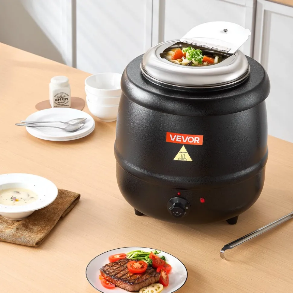 VEVOR Electric Soup Warmer, 10QT Commercial Soup Kettle with 304 Stainless Steel Detachable Insert Pot, 95~176°F Adjustable Temperature, Soup Station for Restaurant and Big Family, Black