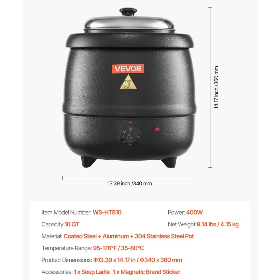 VEVOR Electric Soup Warmer, 10QT Commercial Soup Kettle with 304 Stainless Steel Detachable Insert Pot, 95~176°F Adjustable Temperature, Soup Station for Restaurant and Big Family, Black