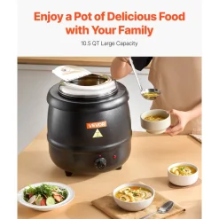 VEVOR Electric Soup Warmer, 10QT Commercial Soup Kettle with 304 Stainless Steel Detachable Insert Pot, 95~176°F Adjustable Temperature, Soup Station for Restaurant and Big Family, Black