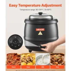 VEVOR Electric Soup Warmer, 10QT Commercial Soup Kettle with 304 Stainless Steel Detachable Insert Pot, 95~176°F Adjustable Temperature, Soup Station for Restaurant and Big Family, Black