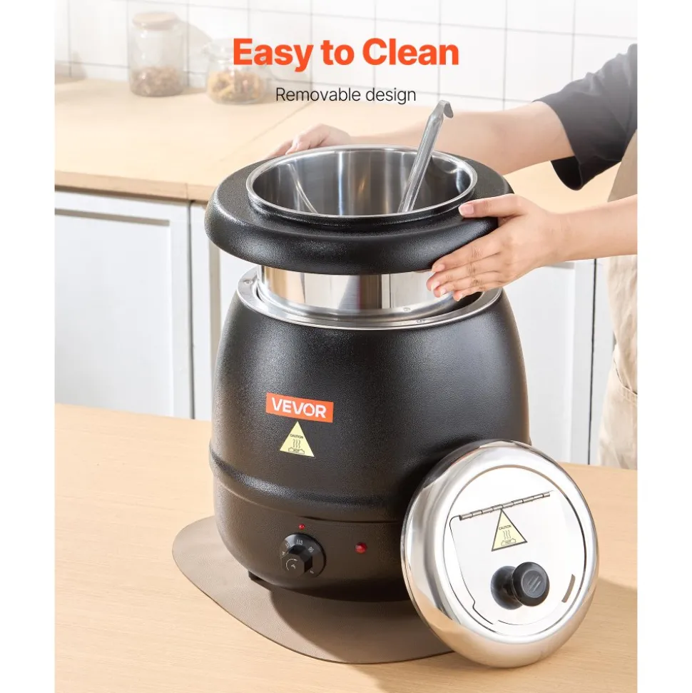 VEVOR Electric Soup Warmer, 10QT Commercial Soup Kettle with 304 Stainless Steel Detachable Insert Pot, 95~176°F Adjustable Temperature, Soup Station for Restaurant and Big Family, Black