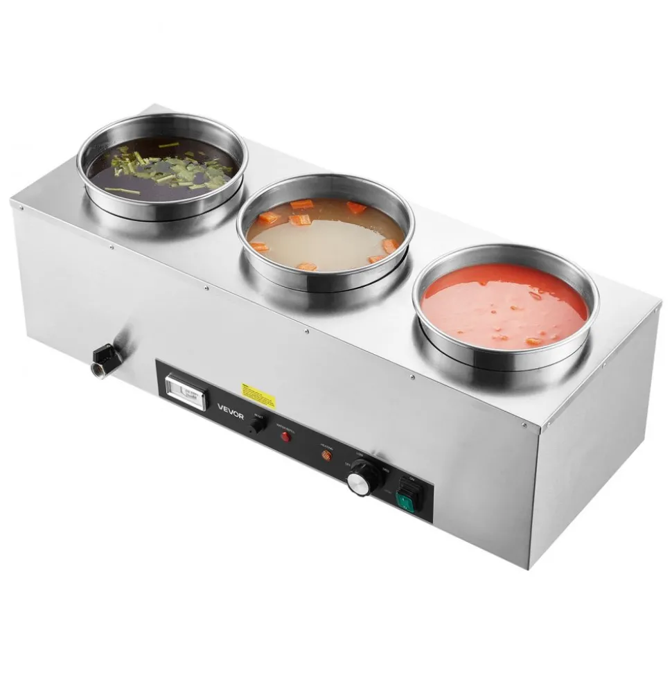 VEVOR Electric Soup Warmer, Three 6.34QT Stainless Steel Round Pot with 86~185°F Adjustable Temp, 1500W Commercial Bain Marie with Anti-dry Burn and Reset Button, Soup Station for Restaurant, Buffet