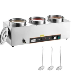 VEVOR Electric Soup Warmer, Three 6.34QT Stainless Steel Round Pot with 86~185°F Adjustable Temp, 1500W Commercial Bain Marie with Anti-dry Burn and Reset Button, Soup Station for Restaurant, Buffet