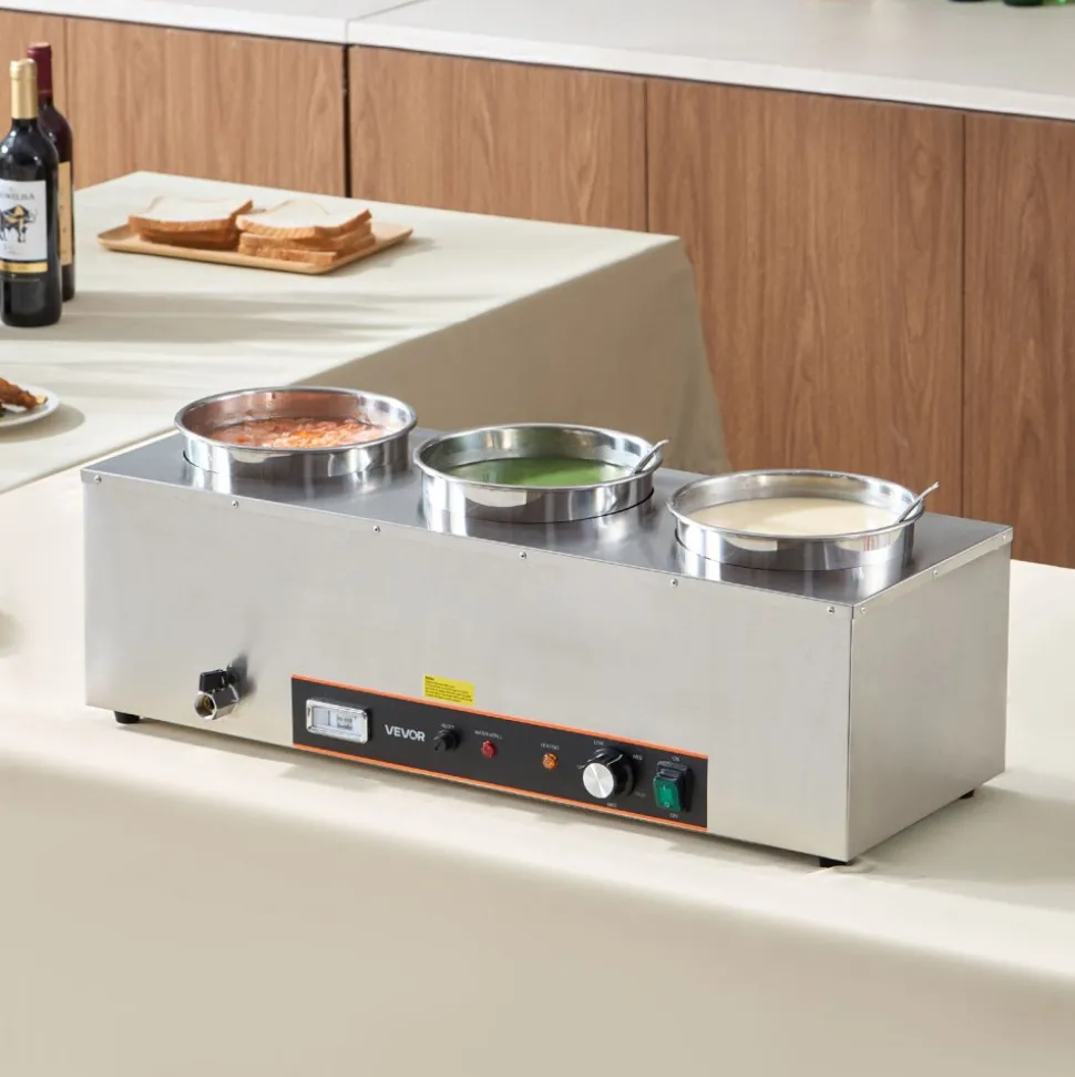 VEVOR Electric Soup Warmer, Three 6.34QT Stainless Steel Round Pot with 86~185°F Adjustable Temp, 1500W Commercial Bain Marie with Anti-dry Burn and Reset Button, Soup Station for Restaurant, Buffet