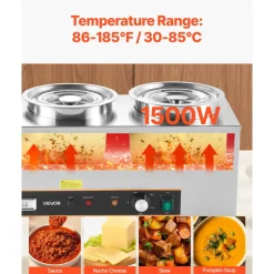 VEVOR Electric Soup Warmer, Three 6.34QT Stainless Steel Round Pot with 86~185°F Adjustable Temp, 1500W Commercial Bain Marie with Anti-dry Burn and Reset Button, Soup Station for Restaurant, Buffet