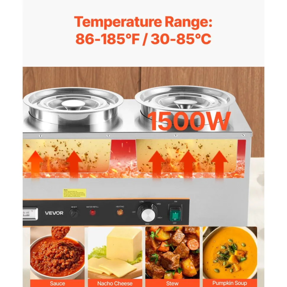 VEVOR Electric Soup Warmer, Three 6.34QT Stainless Steel Round Pot with 86~185°F Adjustable Temp, 1500W Commercial Bain Marie with Anti-dry Burn and Reset Button, Soup Station for Restaurant, Buffet