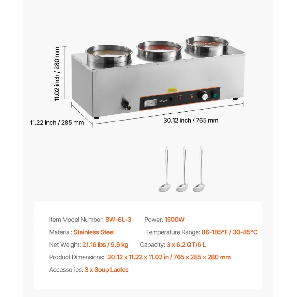 VEVOR Electric Soup Warmer, Three 6.34QT Stainless Steel Round Pot with 86~185°F Adjustable Temp, 1500W Commercial Bain Marie with Anti-dry Burn and Reset Button, Soup Station for Restaurant, Buffet