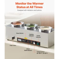 VEVOR Electric Soup Warmer, Three 6.34QT Stainless Steel Round Pot with 86~185°F Adjustable Temp, 1500W Commercial Bain Marie with Anti-dry Burn and Reset Button, Soup Station for Restaurant, Buffet