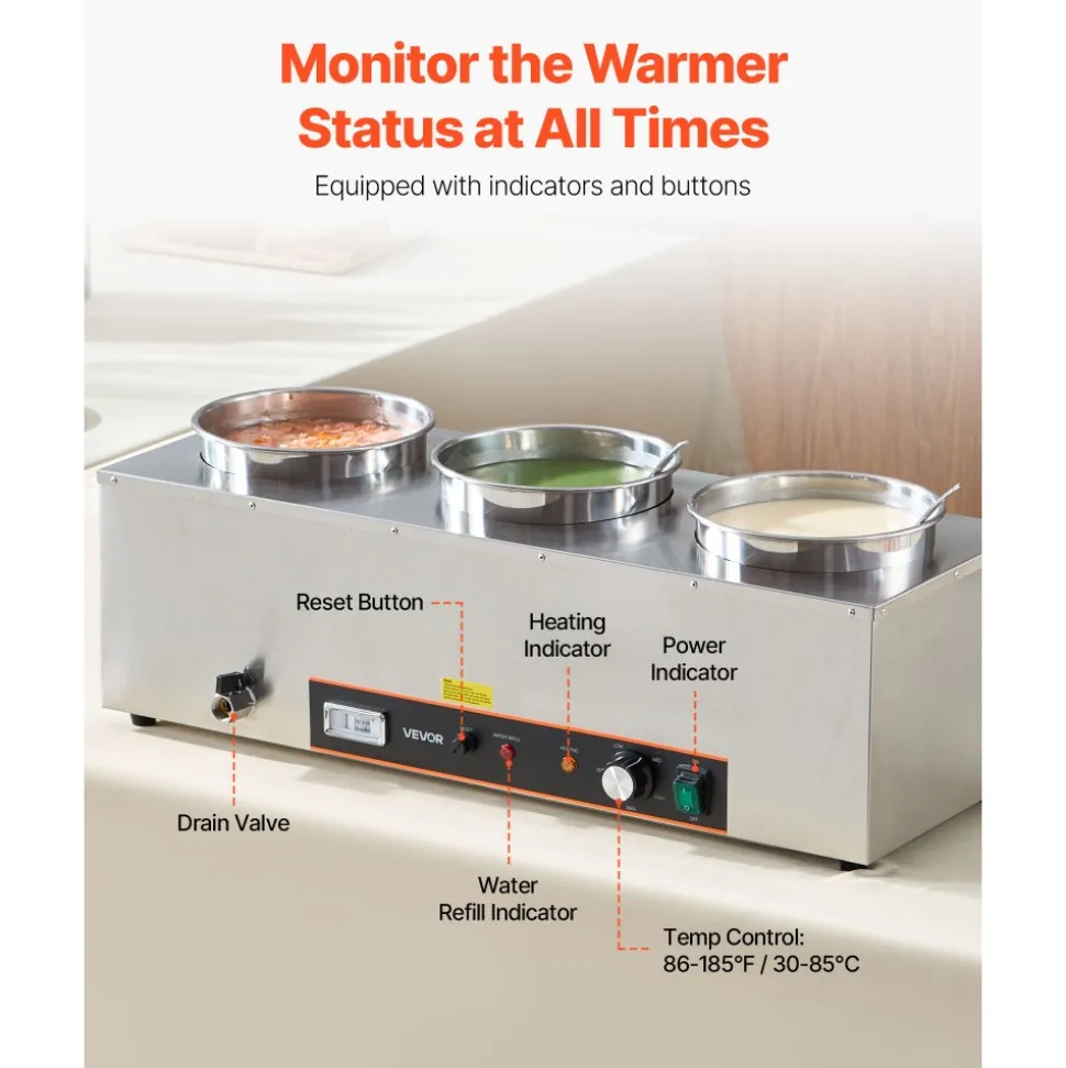 VEVOR Electric Soup Warmer, Three 6.34QT Stainless Steel Round Pot with 86~185°F Adjustable Temp, 1500W Commercial Bain Marie with Anti-dry Burn and Reset Button, Soup Station for Restaurant, Buffet