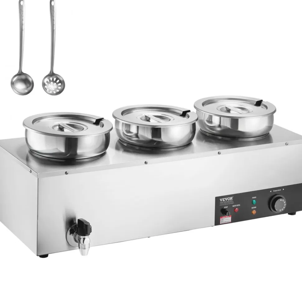 VEVOR Electric Soup Warmer, Three 7.4QT Stainless Steel Round Pot, 1200W Commercial Food Warmer, 86~185°F Adjustable Temp, Bain Marie with Anti-Dry Burn and Reset Button, for Restaurant, Buffet