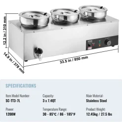 VEVOR Electric Soup Warmer, Three 7.4QT Stainless Steel Round Pot, 1200W Commercial Food Warmer, 86~185°F Adjustable Temp, Bain Marie with Anti-Dry Burn and Reset Button, for Restaurant, Buffet