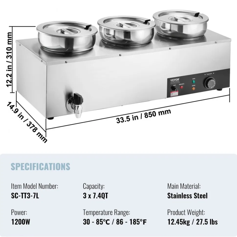 VEVOR Electric Soup Warmer, Three 7.4QT Stainless Steel Round Pot, 1200W Commercial Food Warmer, 86~185°F Adjustable Temp, Bain Marie with Anti-Dry Burn and Reset Button, for Restaurant, Buffet