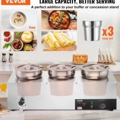 VEVOR Electric Soup Warmer, Three 7.4QT Stainless Steel Round Pot, 1200W Commercial Food Warmer, 86~185°F Adjustable Temp, Bain Marie with Anti-Dry Burn and Reset Button, for Restaurant, Buffet