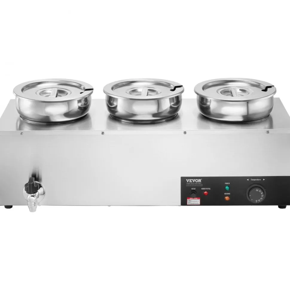 VEVOR Electric Soup Warmer, Three 7.4QT Stainless Steel Round Pot, 1200W Commercial Food Warmer, 86~185°F Adjustable Temp, Bain Marie with Anti-Dry Burn and Reset Button, for Restaurant, Buffet